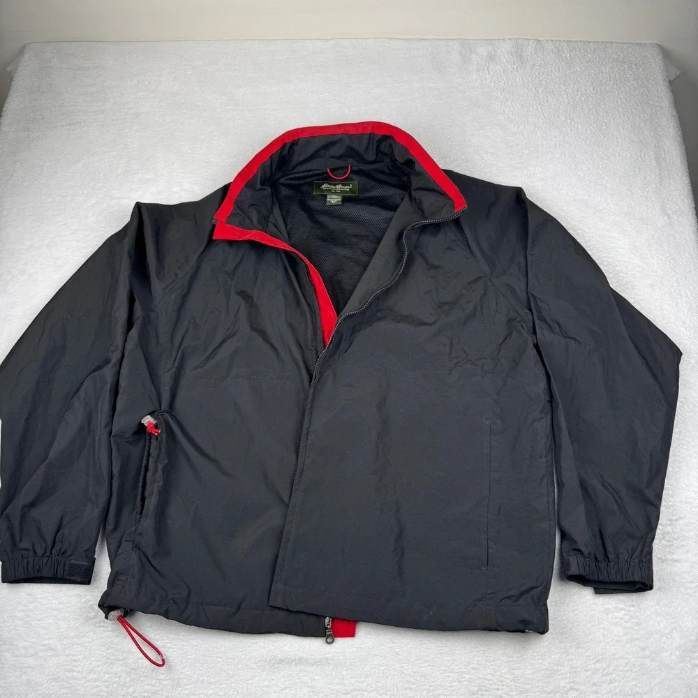 Eddie Bauer Windbreaker Mens XL Black Full Zip Packable Hood Mesh Lined Jacket